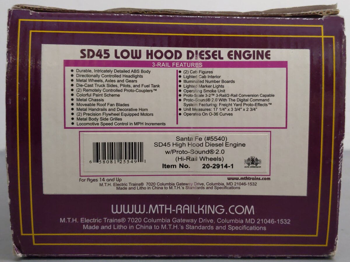 MTH 20-2914-3 Santa Fe SD45 Low Hood Non-Powered Diesel Engine #5540 EX/Box