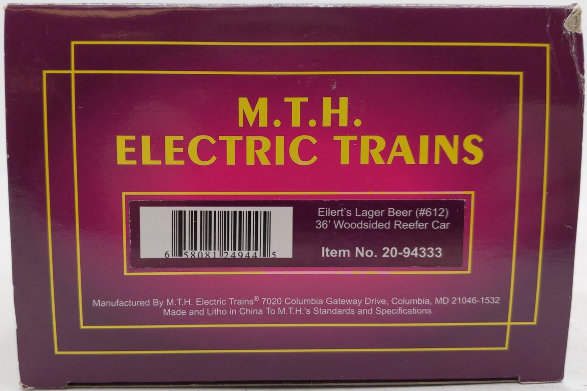 MTH 20-94333 O Gauge Eilert’s Lager Beer 36’ Woodsided Reefer Car #612 EX/Box