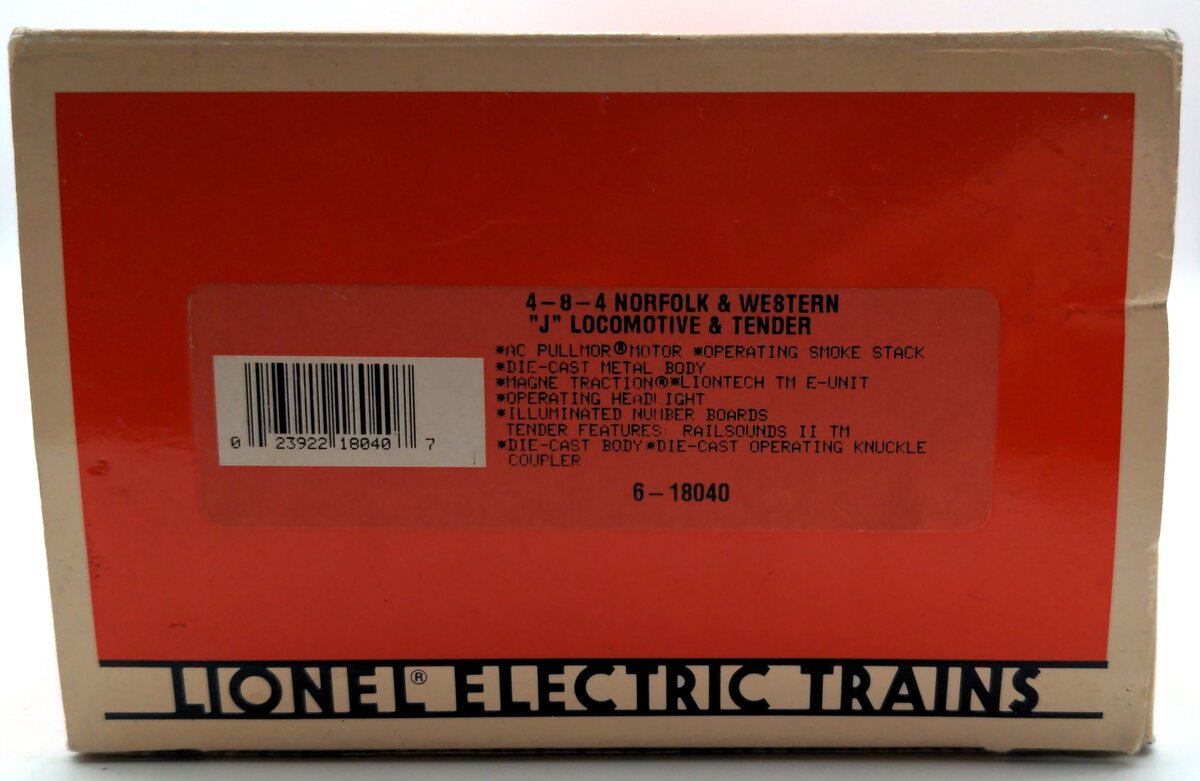 Lionel 6-18040 O Norfolk & Western 4-8-4 J Class Steam Locomotive & Tender #612/Box