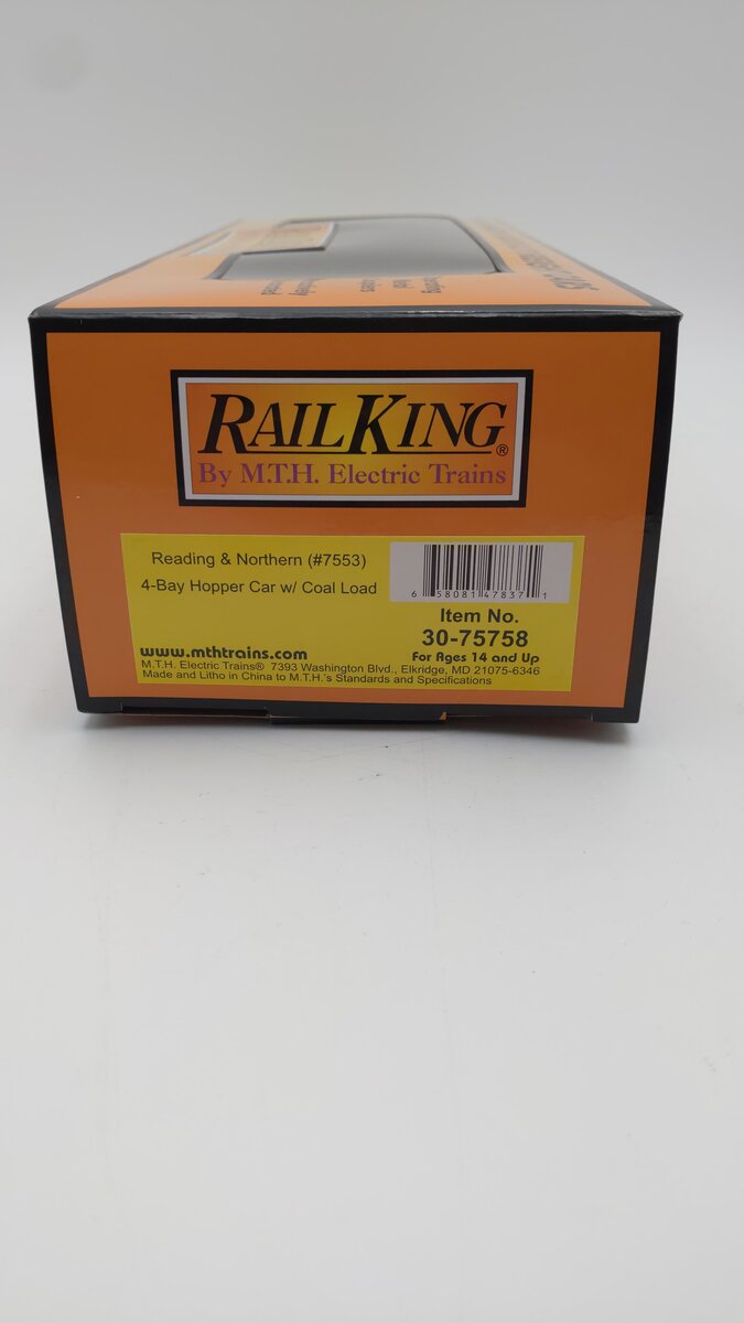 MTH 30-75758 O Gauge Reading & Northern 4-Bay Hopper Car W/ Coal Load #7553 LN/Box