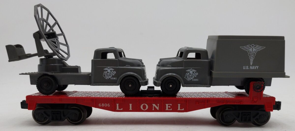 Lionel 6806 Vintage O Flatcar w/ USMC Radar Truck & Medical Box Truck EX