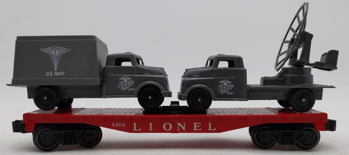 Lionel 6806 Vintage O Flatcar w/ USMC Radar Truck & Medical Box Truck EX