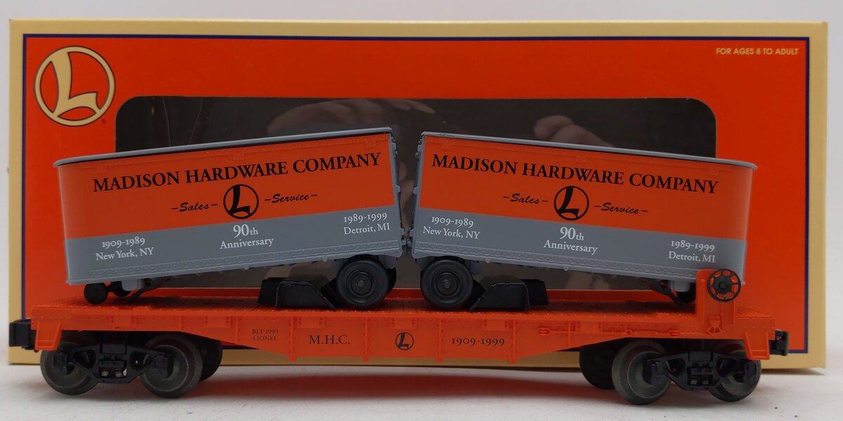 Lionel 6-52187 O Gauge Madison Hardware Flatcar w/ Piggyback Vans EX/Box