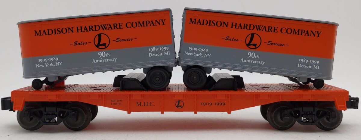 Lionel 6-52187 O Gauge Madison Hardware Flatcar w/ Piggyback Vans EX/Box