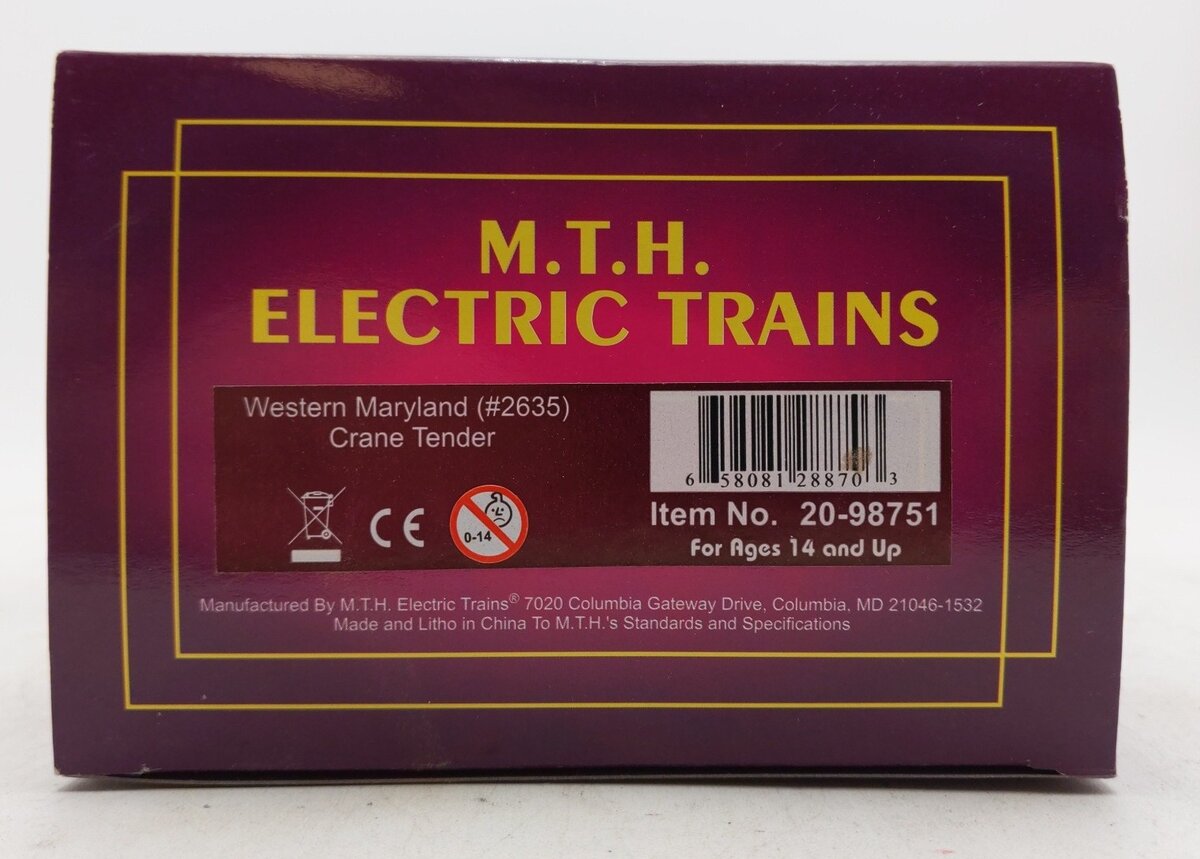 MTH 20-98751 O Scale Western Maryland Crane Tender #2638 LN/Box