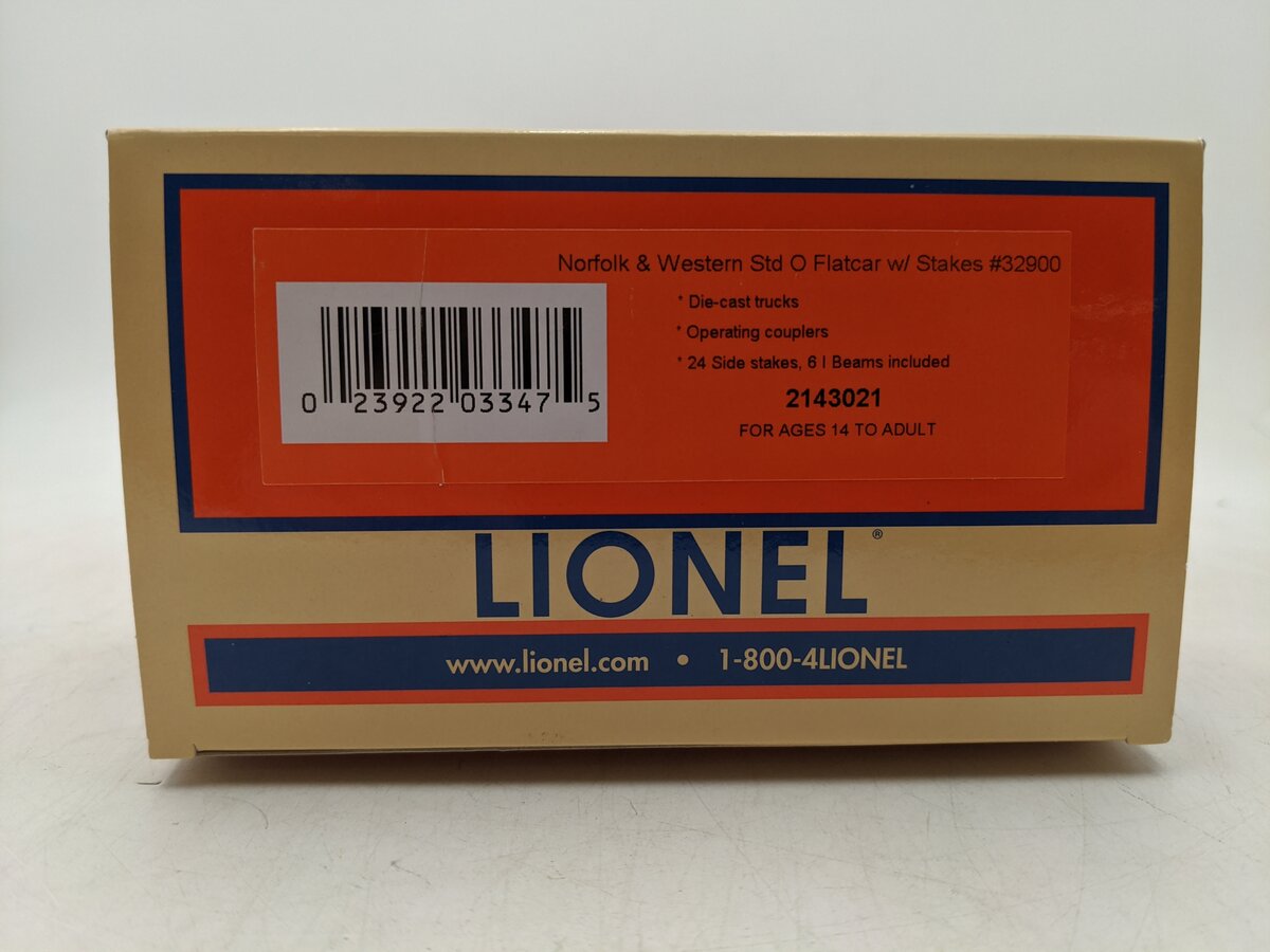 Lionel 2143021 O Norfolk & Western Standard Flat Car with Stakes #32900 EX/Box