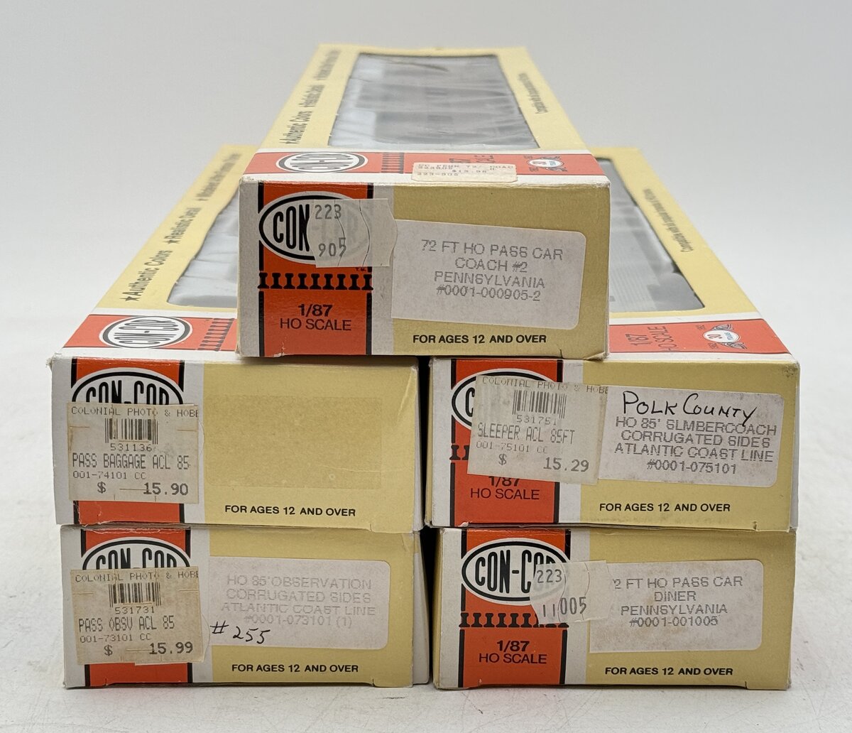 Con-Cor HO Scale Assorted PRR & ACL Passenger Cars [5] VG/Box