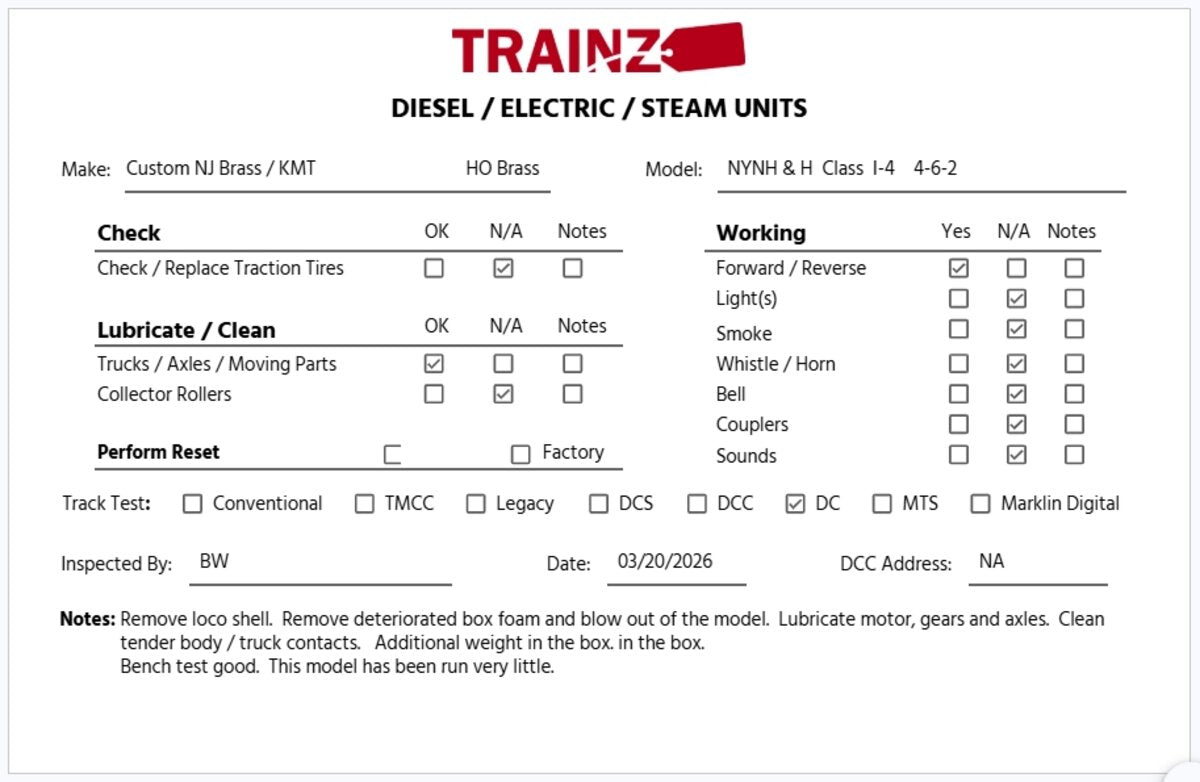 Custom NJ Brass ST-219 HO BRASS NYNH&H Class I-4 4-6-2 Steam Loco & Tender EX/Box