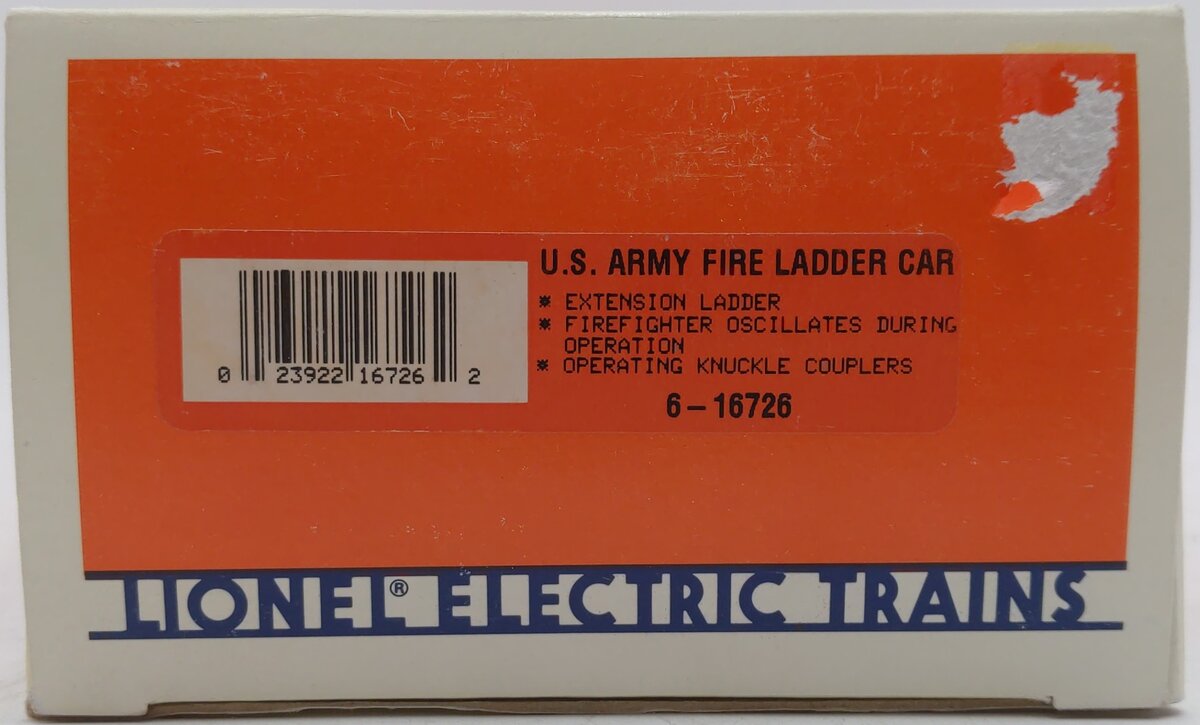 Lionel 6-16726 O Gauge Army Fire Ladder Car EX/Box