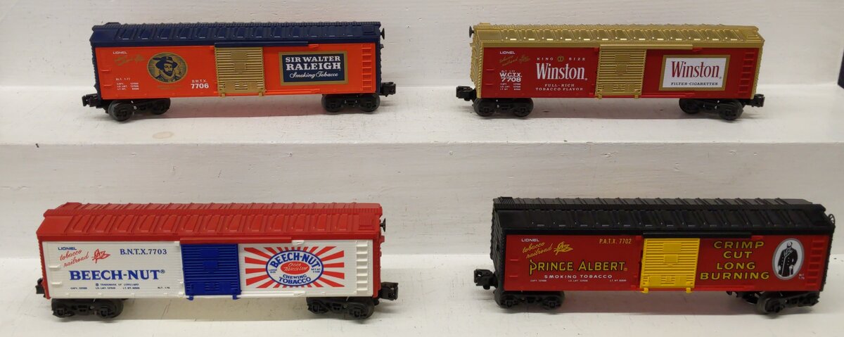 Lionel O Gauge Tobacco Boxcars #7702, 7703, 7706, 7708 [4] EX