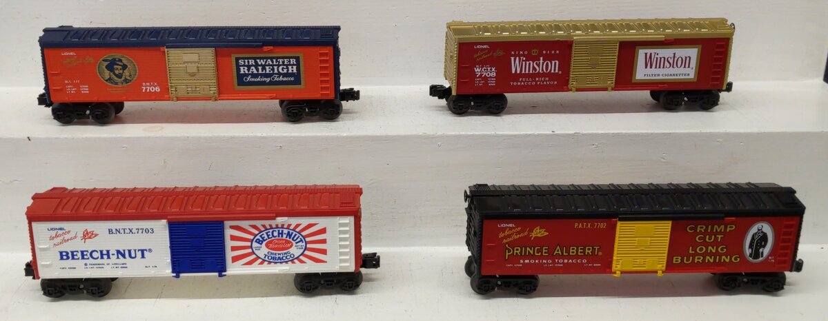 Lionel O Gauge Tobacco Boxcars #7702, 7703, 7706, 7708 [4] EX