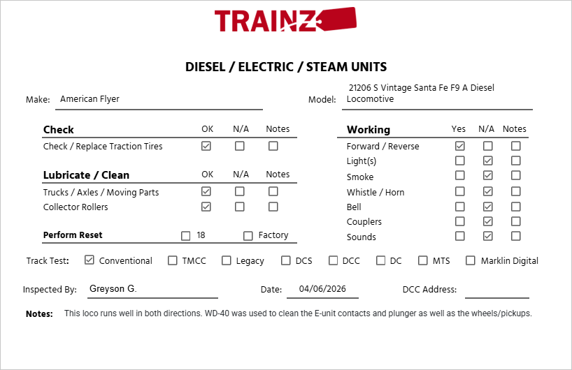 American Flyer 21206 S Vintage Santa Fe F9 A Diesel Locomotive VG