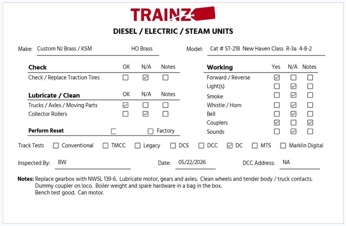 Custom NJ Brass ST-218 HO Scale BRASS NH Class R-3a 4-8-2 Steam Loco - unpainted EX/Box