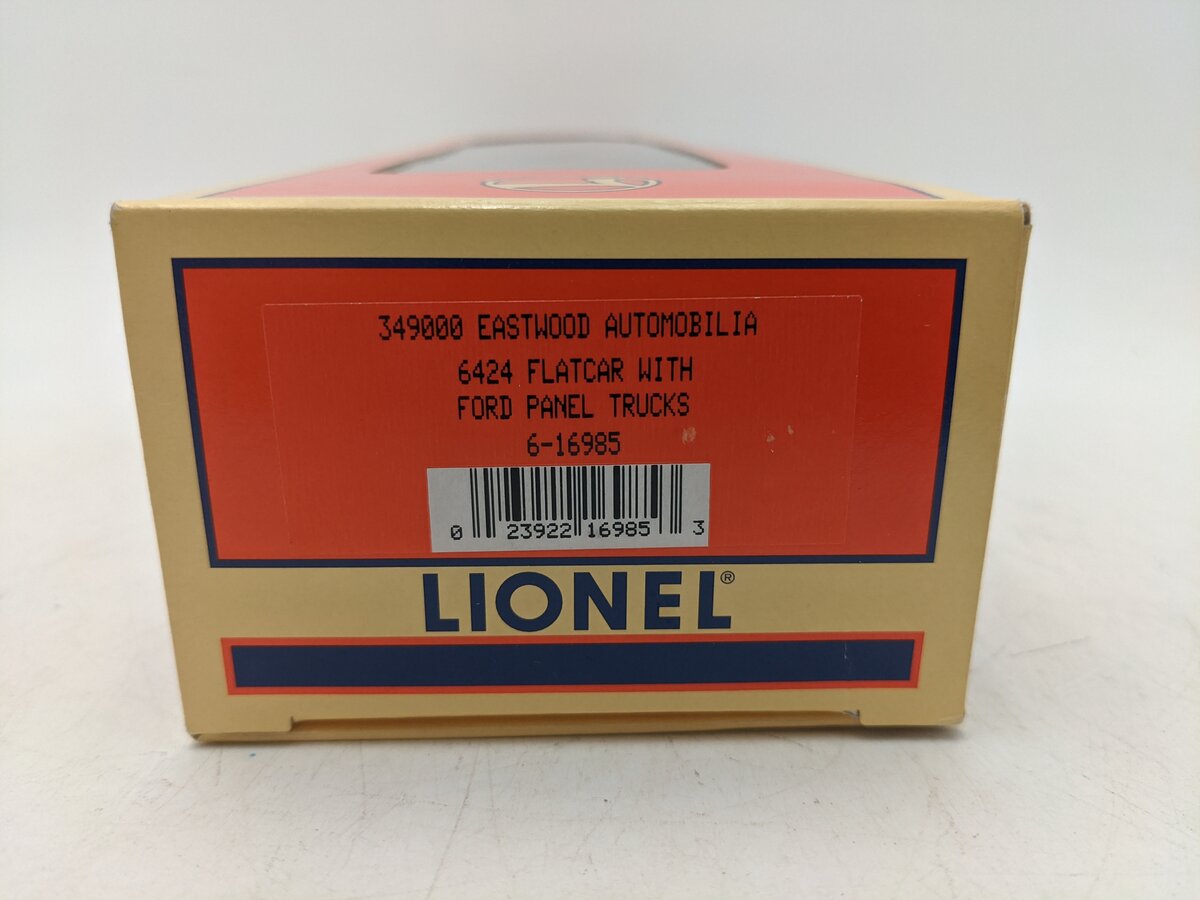 Lionel 6-16985 O Gauge Eastwood Automobilia Flatcar w/ Ford Panel Trucks #6424 EX/Box