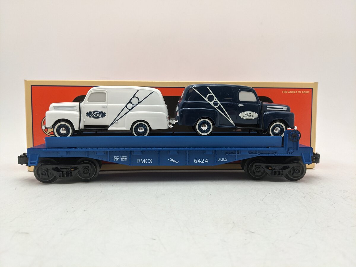 Lionel 6-16985 O Gauge Eastwood Automobilia Flatcar w/ Ford Panel Trucks #6424 EX/Box