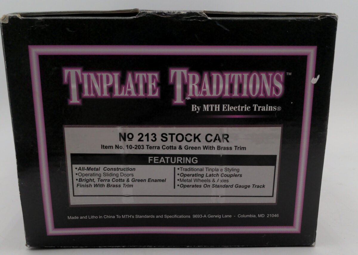 MTH 10-203 Standard Gauge 213 Terra Cotta & Green Stock Car with Brass Trim LN/Box