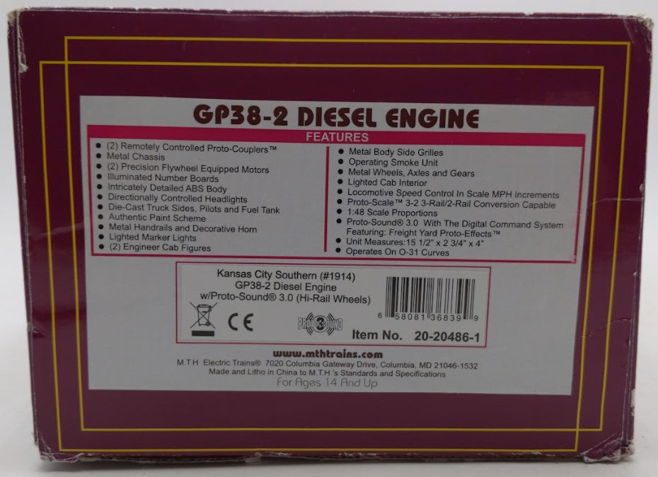 MTH 20-20486-1 O Gauge Kansas City Southern GP38-2 Diesel Engine #1914 PS3.0 EX/Box