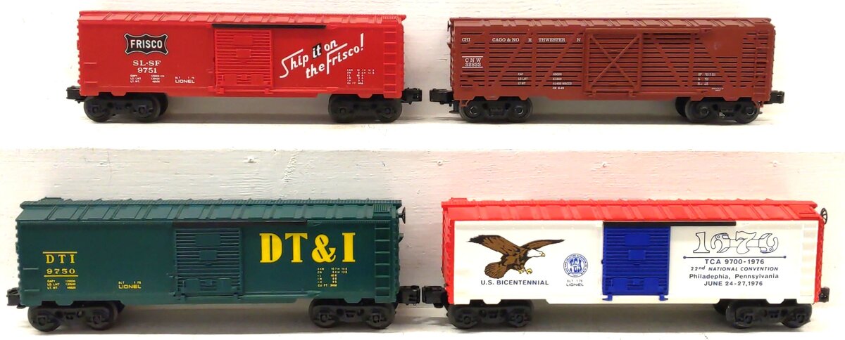 Lionel O Gauge Assorted Boxcars: 9700, 9750, 32833, 9751 [4] VG