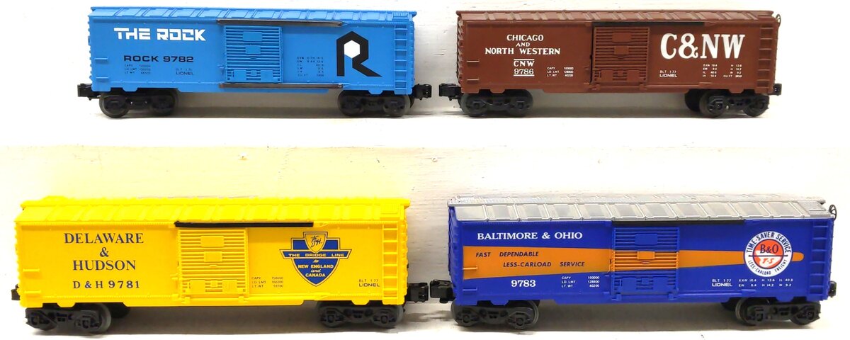 Lionel O Gauge Assorted Boxcars: 9783, 9781, 9782, 9786 [4] VG