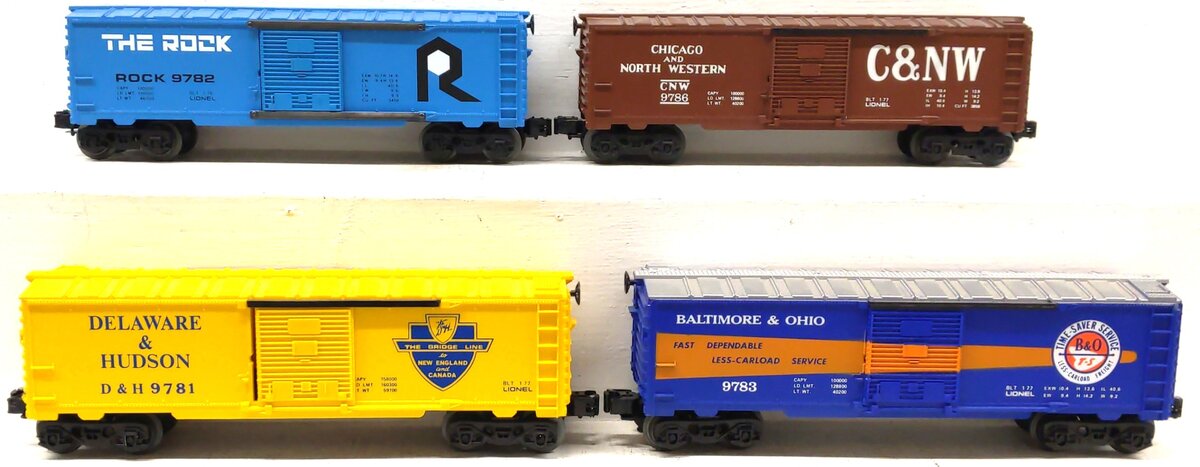 Lionel O Gauge Assorted Boxcars: 9783, 9781, 9782, 9786 [4] VG