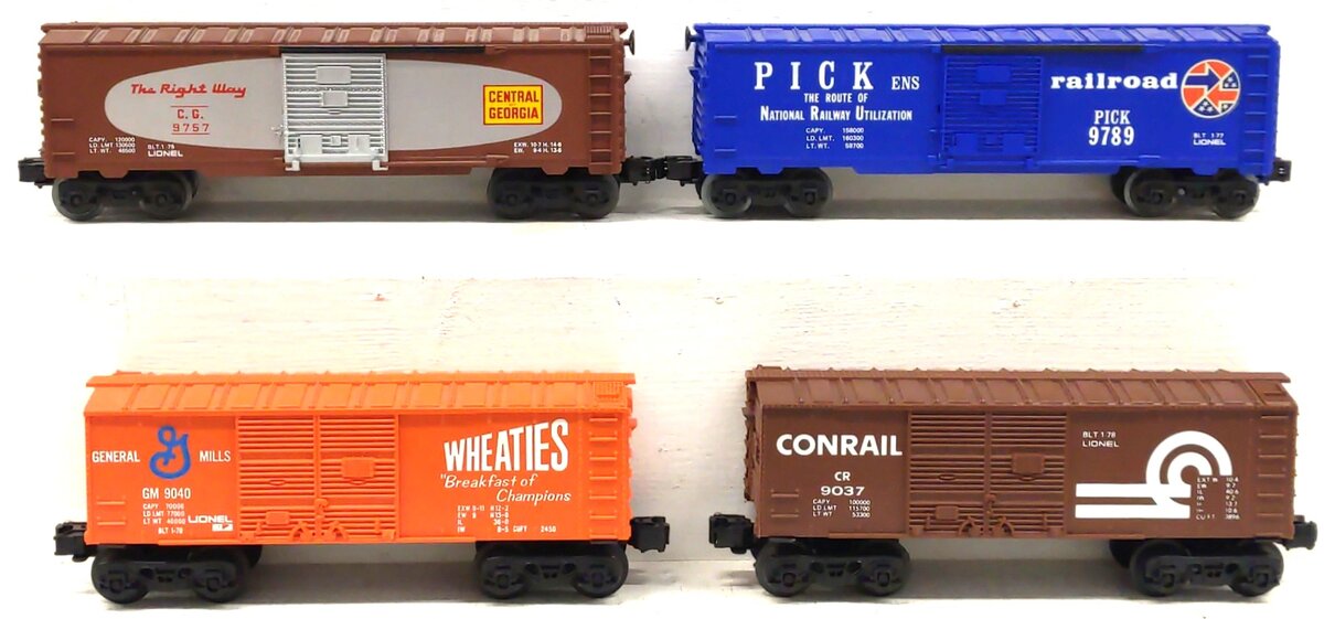 Lionel O Gauge Assorted Boxcars: 9789, 9037, 9040, 9757 [4] EX