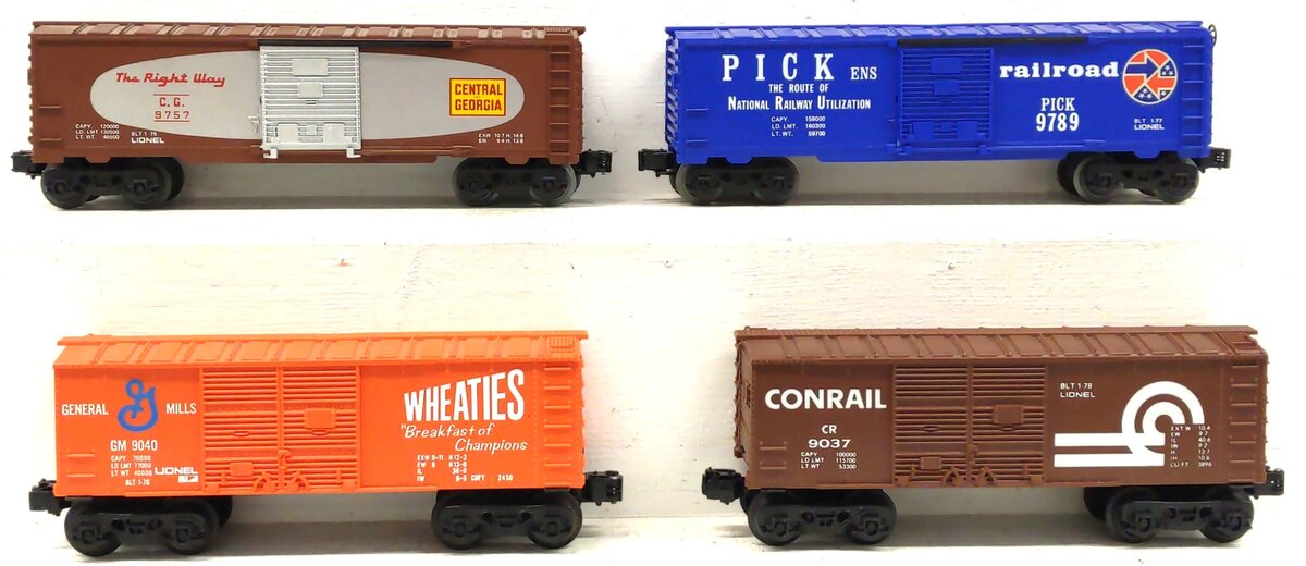 Lionel O Gauge Assorted Boxcars: 9789, 9037, 9040, 9757 [4] EX