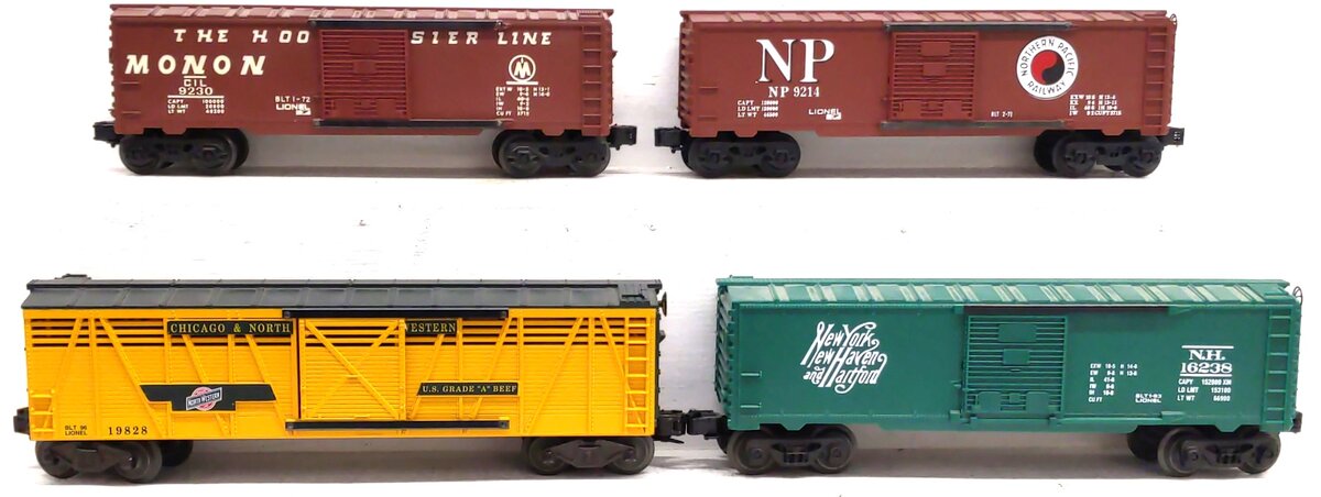 Lionel O Gauge Assorted Boxcars: 9214, 9230, 16238, 19828 [4] VG