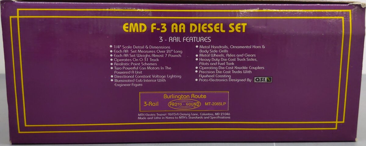 MTH 20-2085-1 O Burlington F-3 AA Diesel Set w/PS1 #9960A/9960C EX/Box