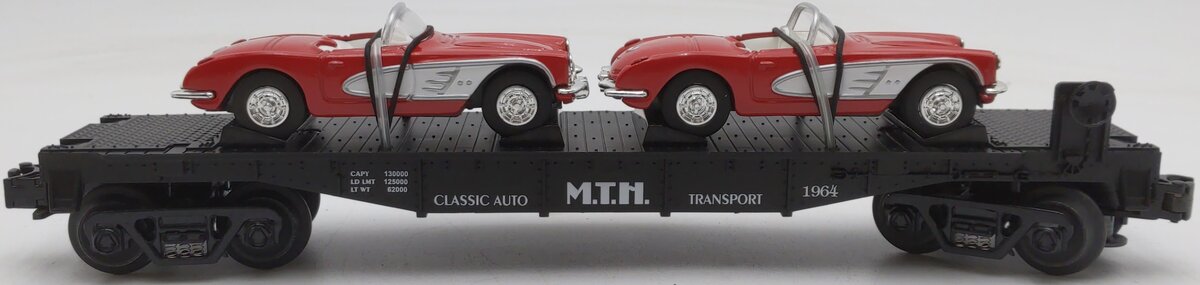 MTH 30-7624 O Gauge Auto Transport Flatcar with 2 Ertl '64 Corvettes #19640 NIB