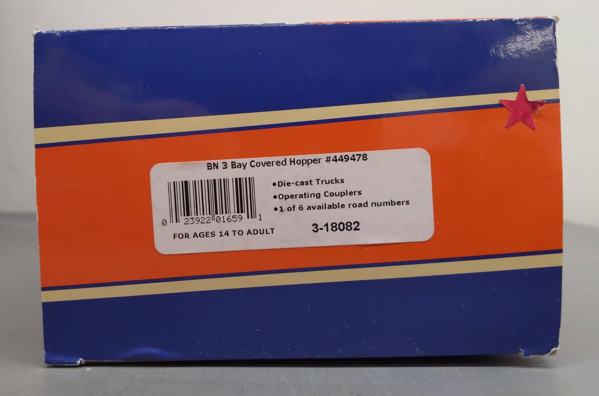 Lionel 3-18082 O Gauge Burlington Northern 3-Bay Covered Hopper #449478 LN/Box