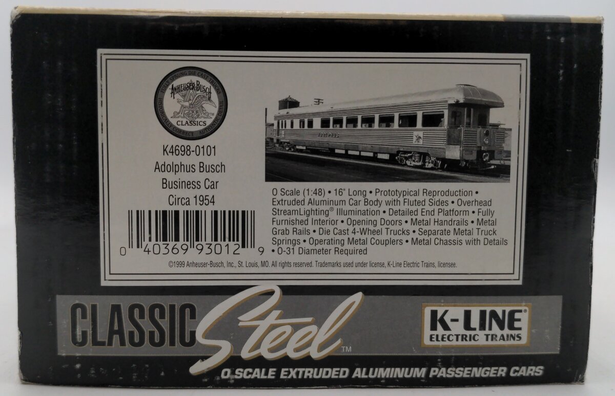 K-Line K4698-0101 O Gauge Busch "Adolphus" 16" Aluminum Business Observation Car EX/Box