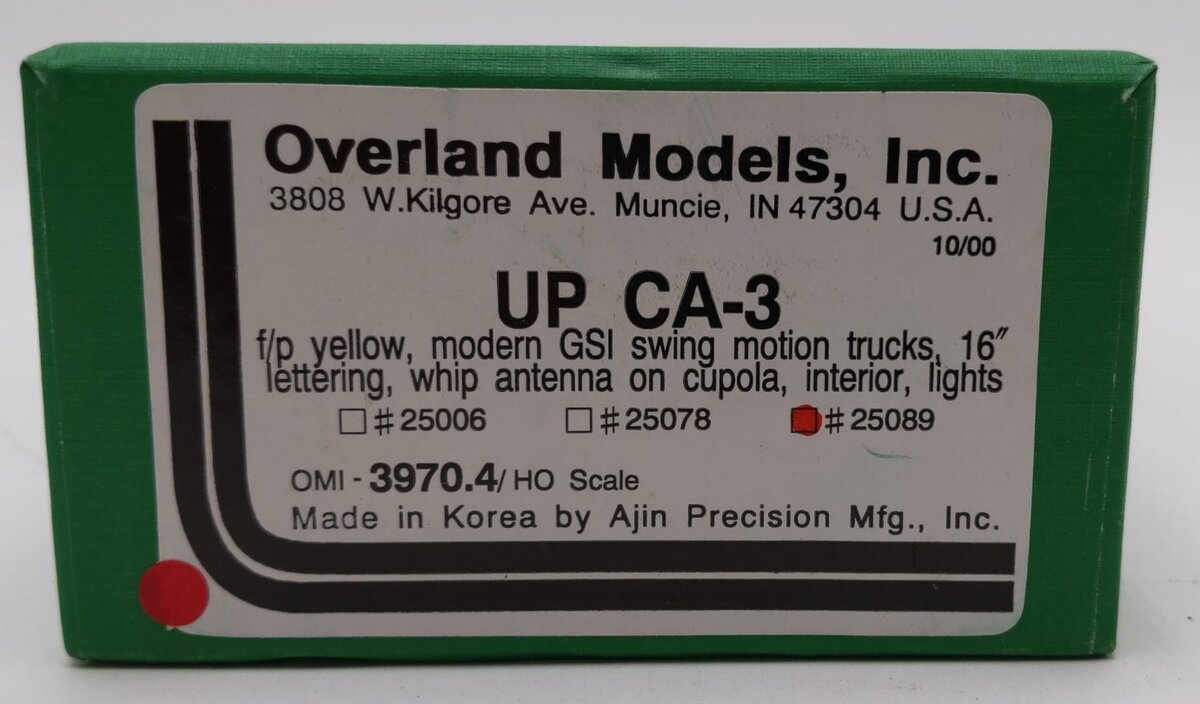 Overland 3970.4 HO Scale BRASS Union Pacific CA-3 Caboose #25089- Painted LN/Box