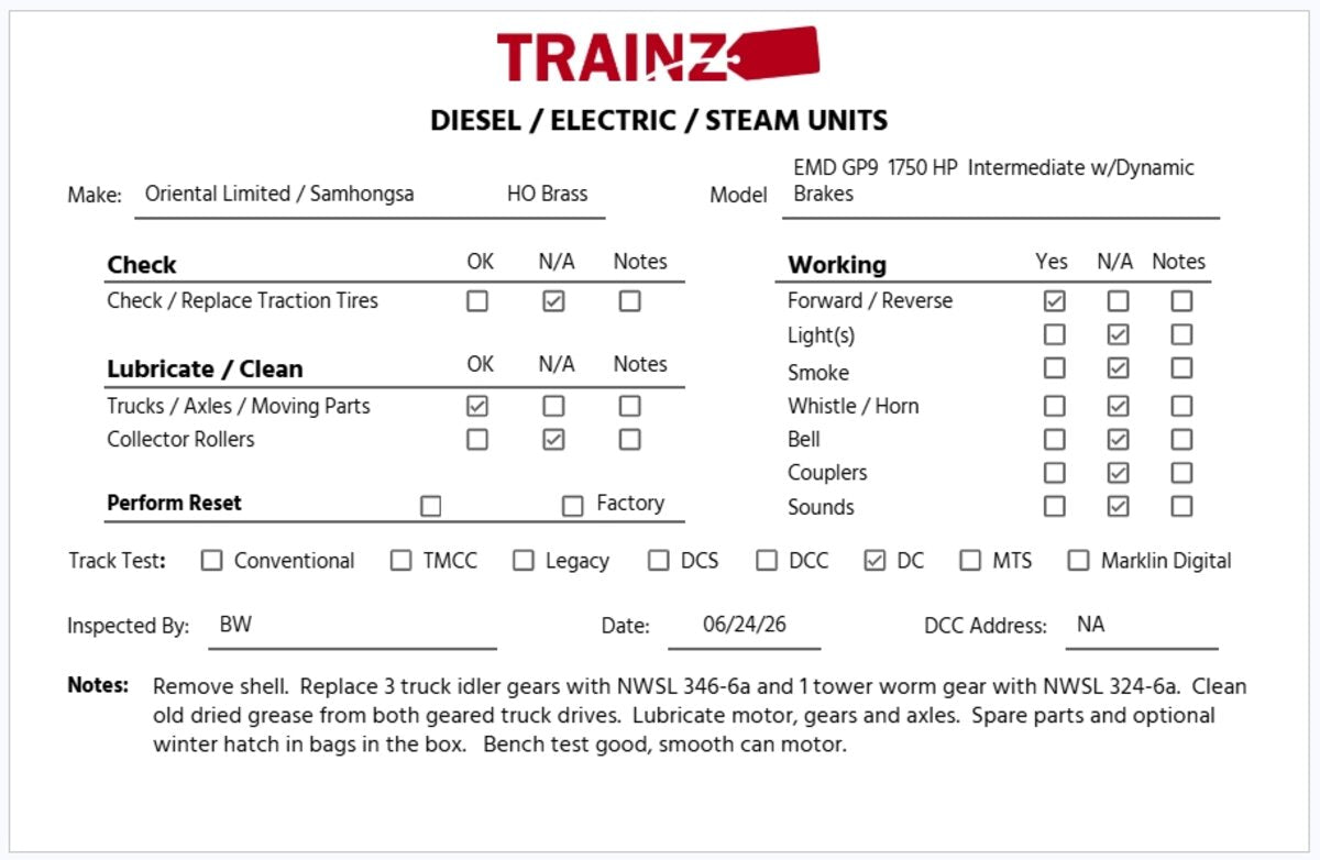 Oriental Limited BRASS HO EMD GP9 1750HP Diesel Loco Intermediate -Dynamic Brake LN/Box