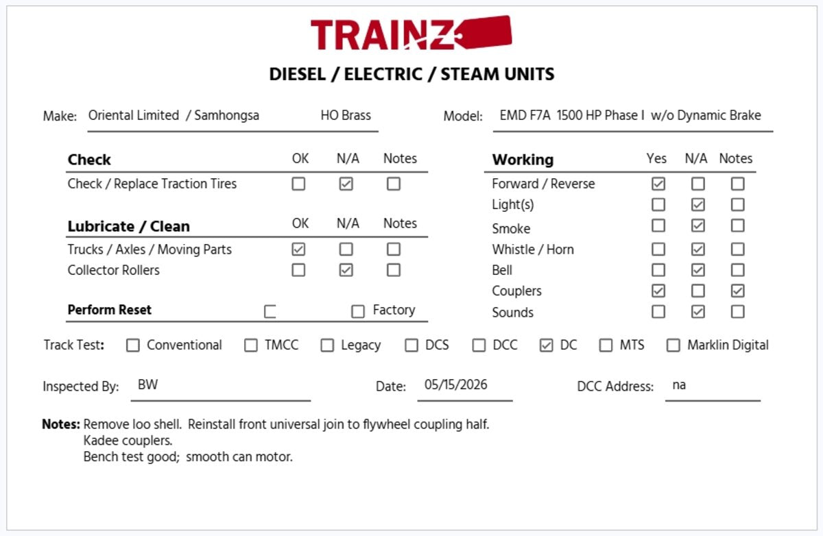 Oriental Limited HO BRASS EMD F7A Diesel Loco w/o Dynamic Brakes - Unpainted EX/Box