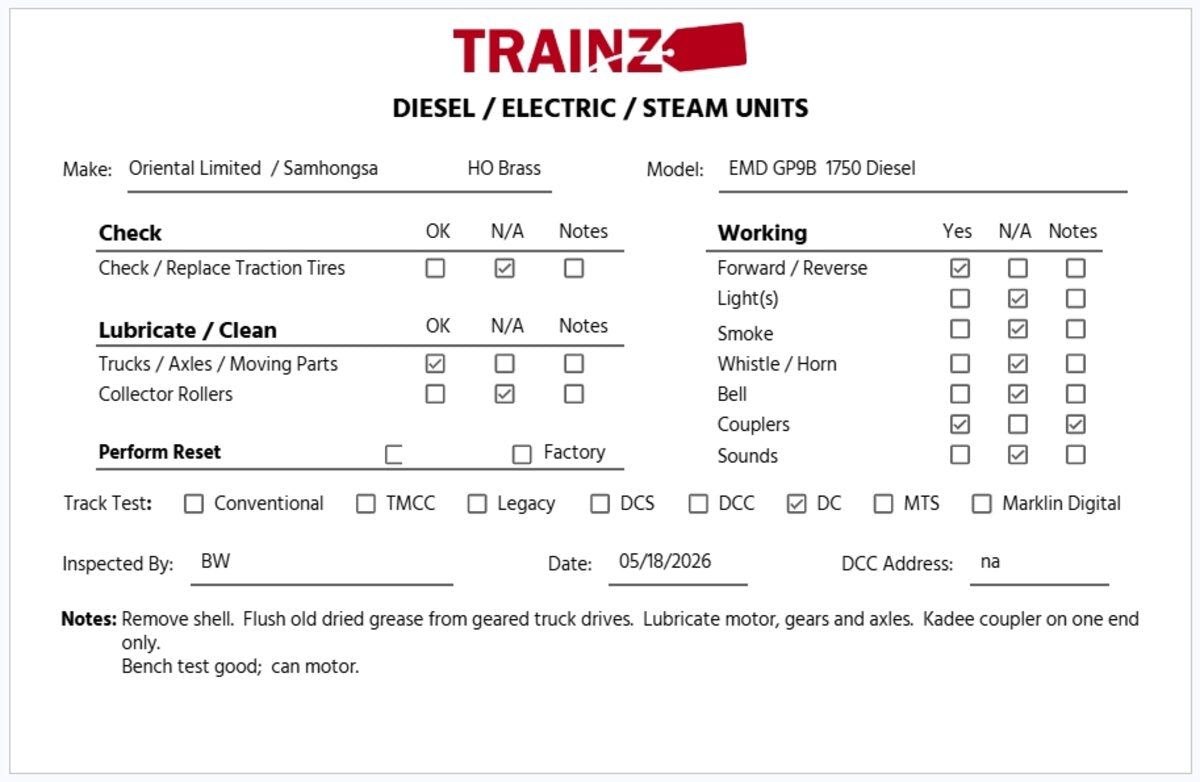 Oriental Limited HO BRASS EMD GP9B 1750HP Diesel Locomotive - Unpainted VG/Box