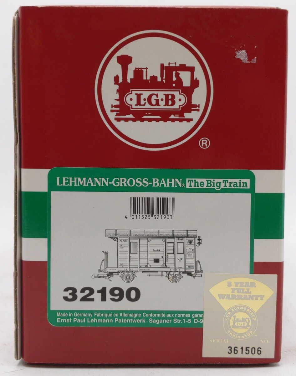 LGB 32190 G Gepack Pw-Post i Mail & Baggage Car w/ Lights (Metal Wheels) EX/Box