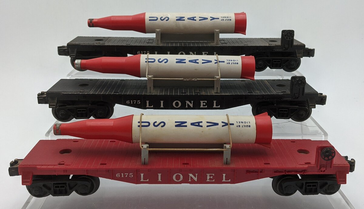 Lionel 6175 Vintage O Black Flatcar with US Navy Rocket (3) VG