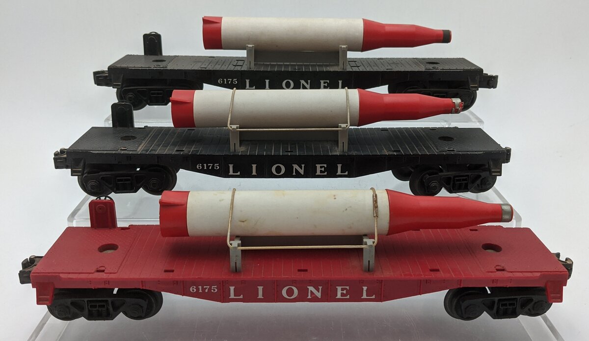 Lionel 6175 Vintage O Black Flatcar with US Navy Rocket (3) VG