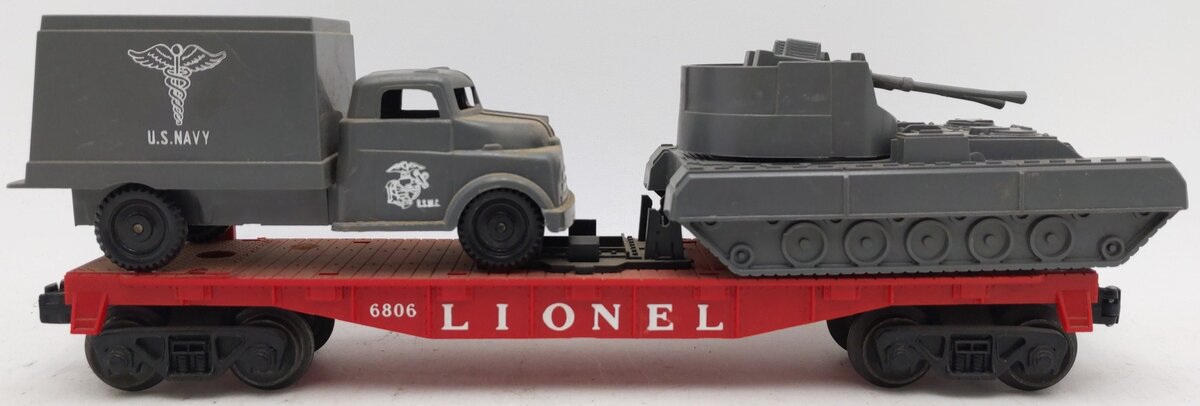 Lionel 6806 Vintage O Flatcar w/ Pyro USMC Tank & Medical Box Truck VG/Box