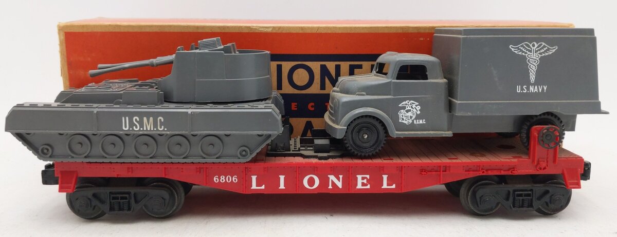 Lionel 6806 Vintage O Flatcar w/ Pyro USMC Tank & Medical Box Truck VG/Box