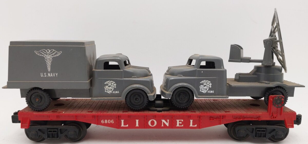 Lionel 6806 Vintage O Flatcar w/ USMC Radar Truck & Medical Box Truck VG