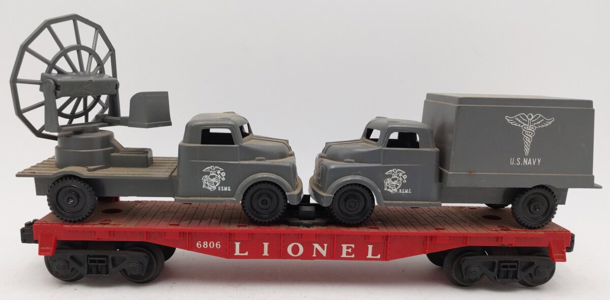 Lionel 6806 Vintage O Flatcar w/ USMC Radar Truck & Medical Box Truck VG