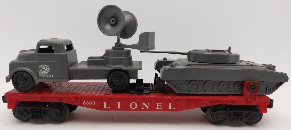 Lionel 6803 Vintage O Flatcar w/ USMC Tank & Sound Truck VG
