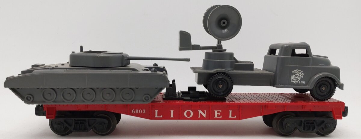 Lionel 6803 Vintage O Flatcar w/ USMC Tank & Sound Truck VG