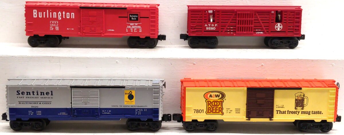 Lionel O Gauge Assorted Boxcars: 9420, 7801, 19217, 9280 [4] VG