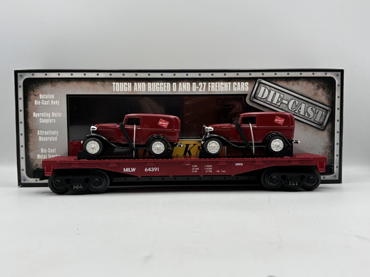 MTH 30-8303 O Gauge Milwaukee Road Die-Cast Flatcar w/Ertl '32 Panel Vans NIB