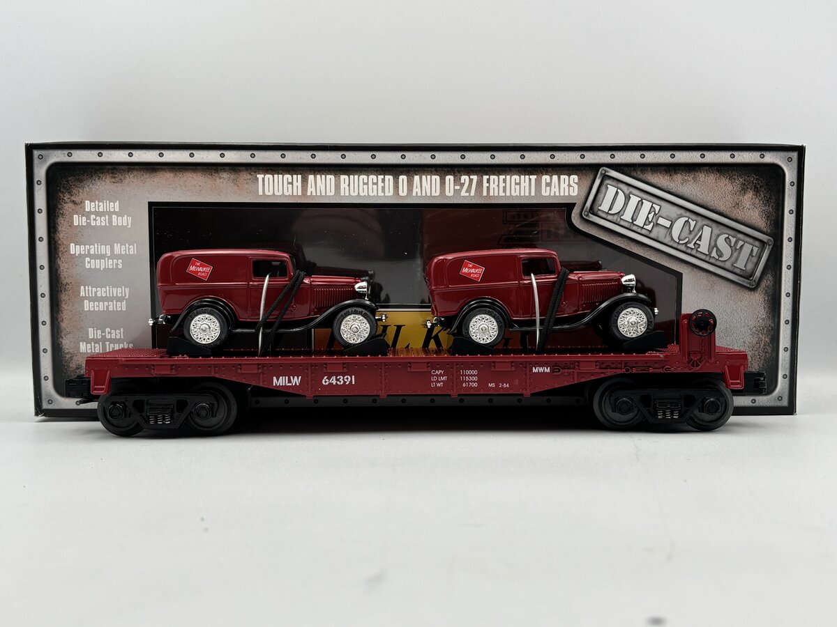 MTH 30-8303 O Gauge Milwaukee Road Die-Cast Flatcar w/Ertl '32 Panel Vans NIB