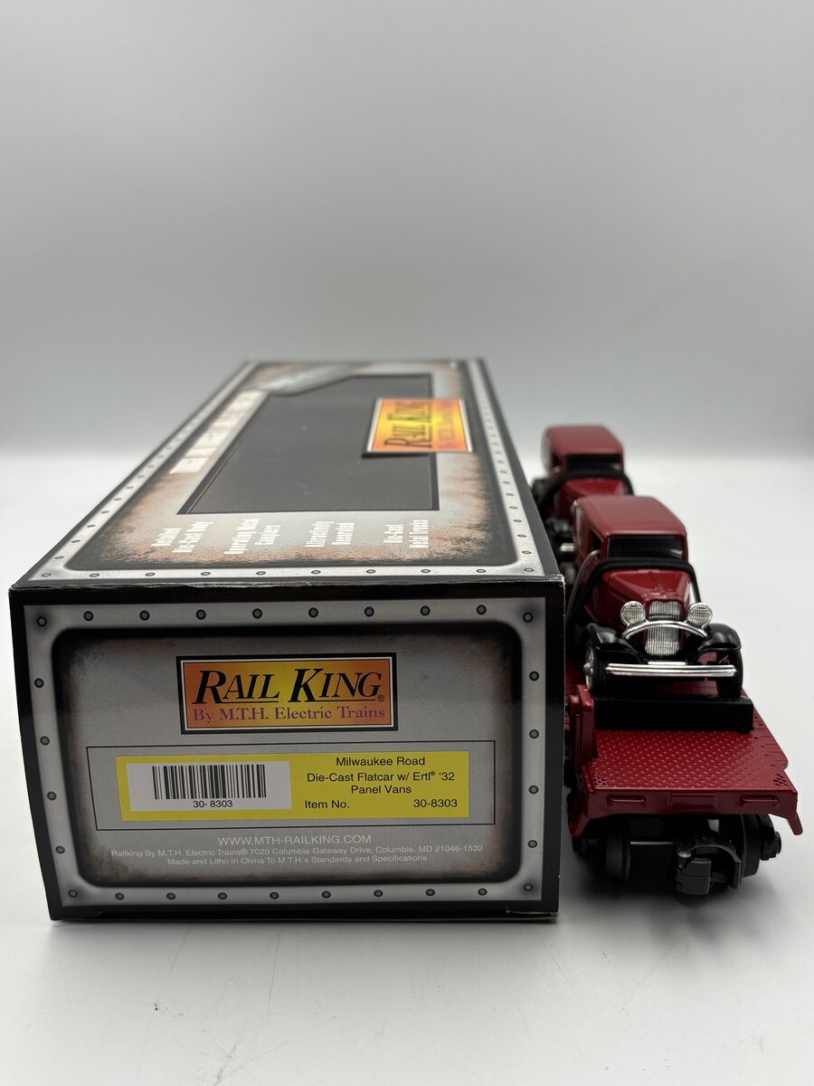 MTH 30-8303 O Gauge Milwaukee Road Die-Cast Flatcar w/Ertl '32 Panel Vans NIB