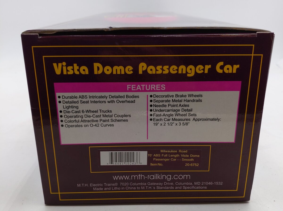 MTH 20-6752 O Gauge Milwaukee Road 70' Full Length Vista Dome Passenger Car #53/Box