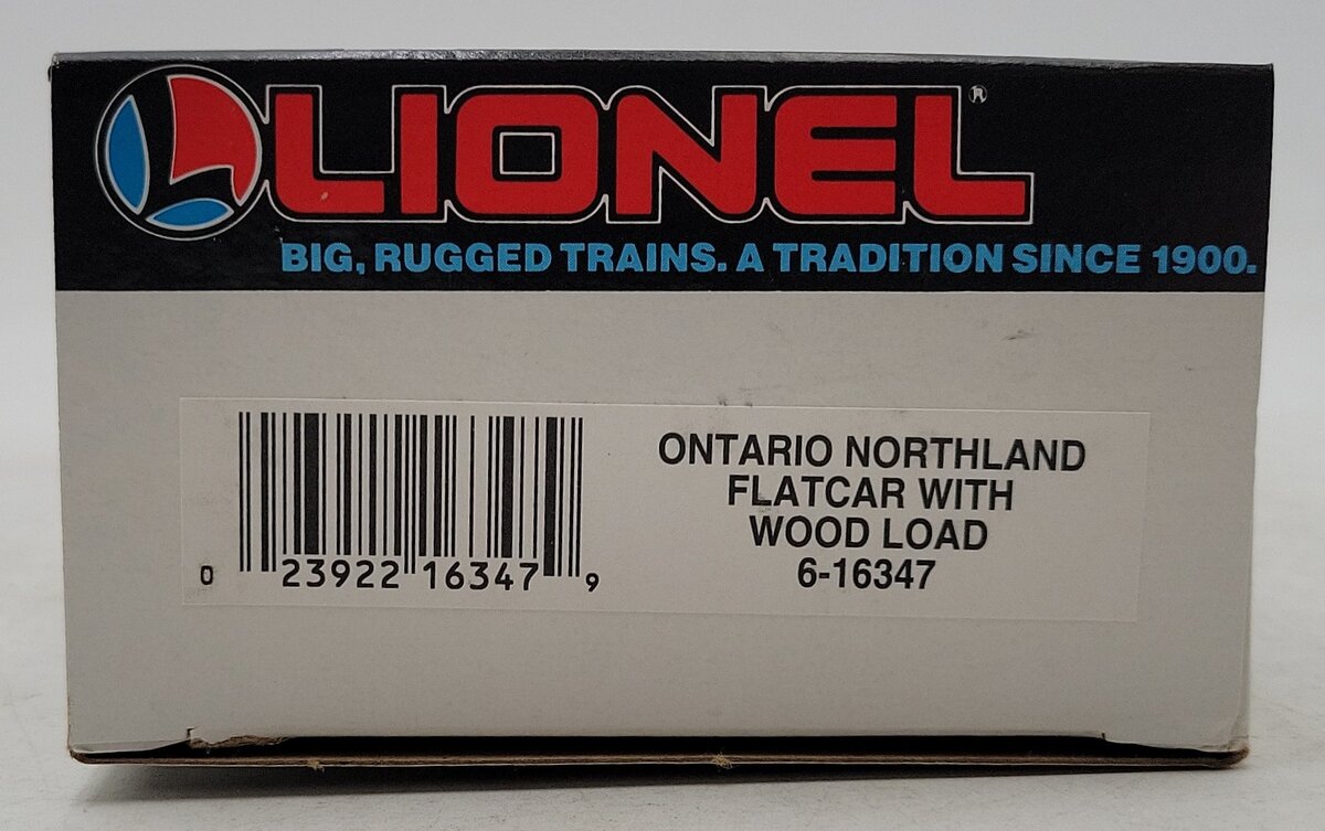 Lionel 6-16347 O Gauge Ontario Northland Bulkhead Flat w/Wood Load LN/Box
